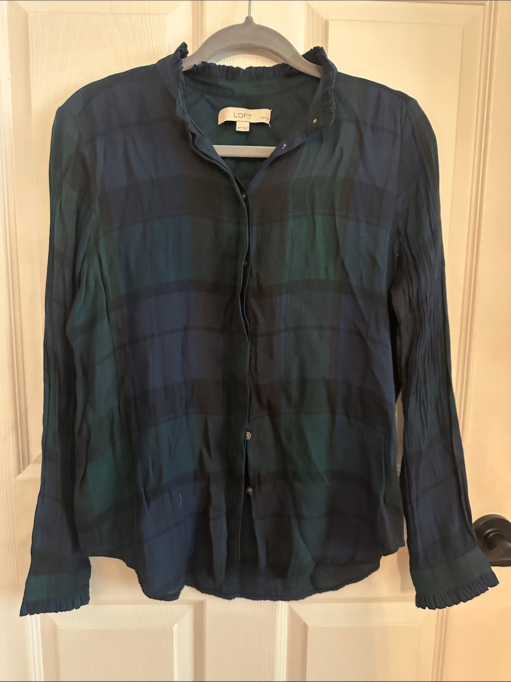 LOFT Navy and Forest Green Plaid Ruffle Collar Blouse